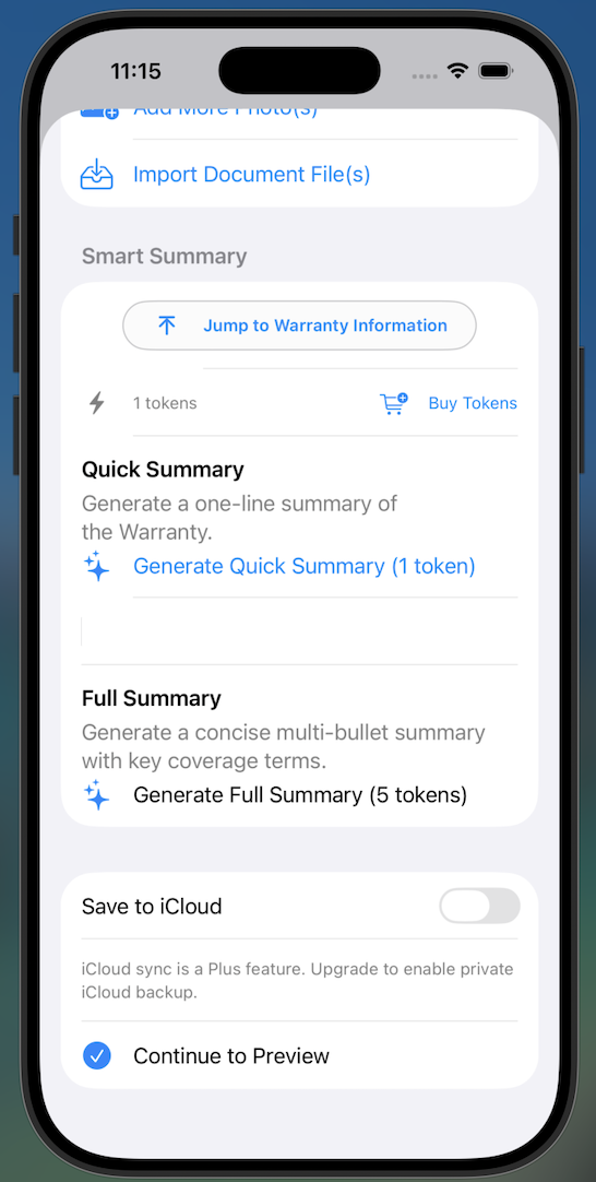 SmartWarrantyApp AI summary screenshot