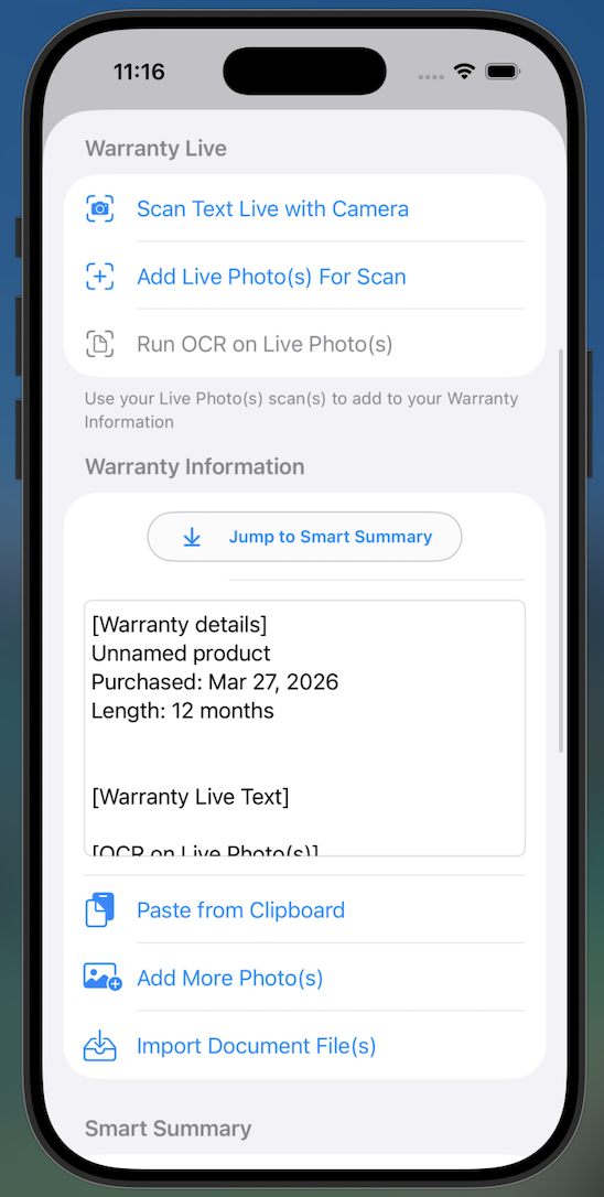SmartWarrantyApp receipt scanner screenshot